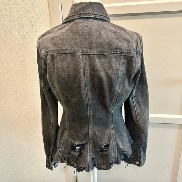 Blank NYC Thrill Seeker Peplum Distressed Black Charcoal Denim Jacket Sz S - Picture 5 of 13